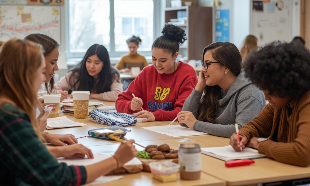ESL students writing recipes for a classroom cookbook